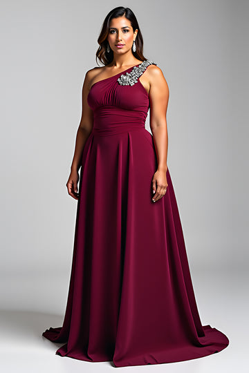 One Shoulder Burgundy A Line Plus Size Formal Dress With 3D Flowers